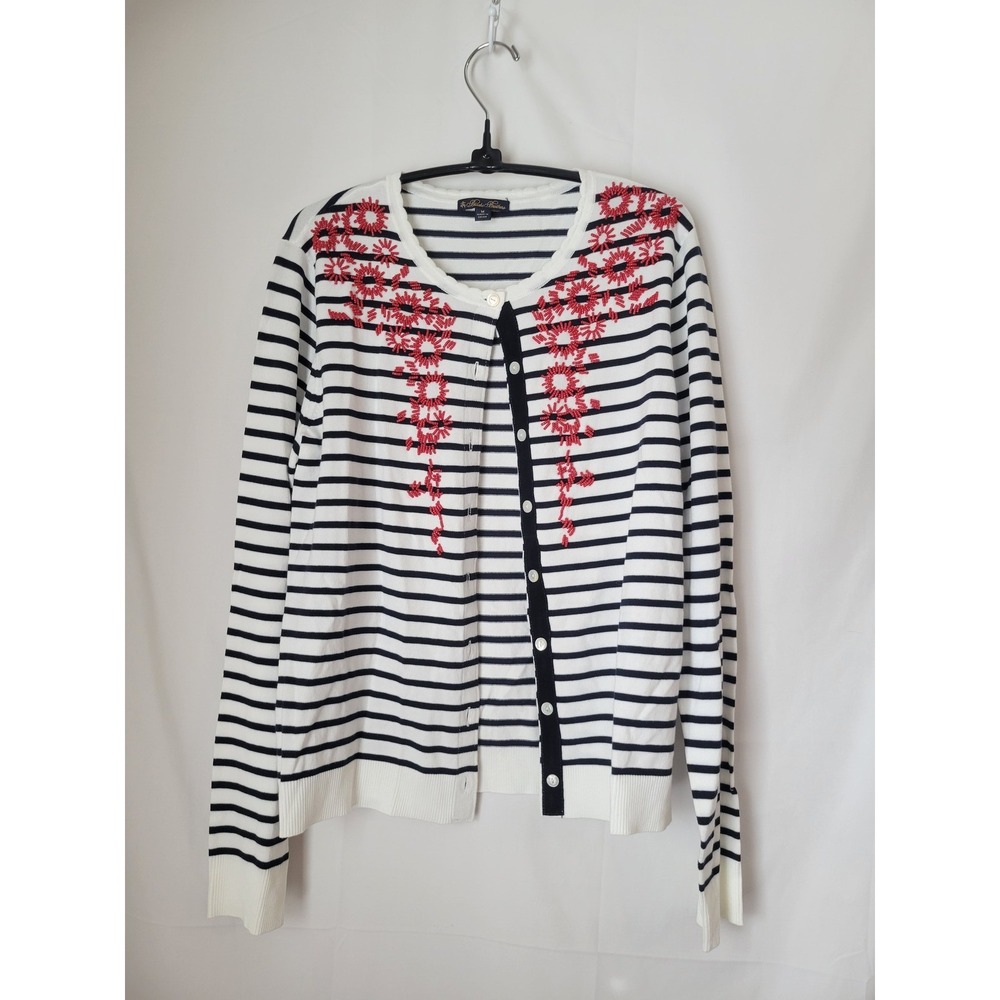 Brooks Brothers Women's M Striped Beaded Cardigan Sweater White Blue Red Cotton